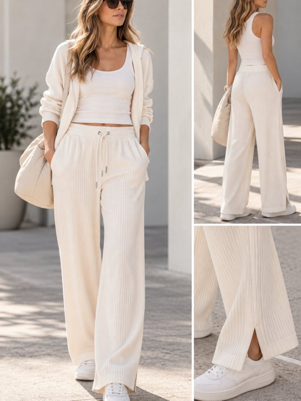 DKNY Sport NWT Ivory Ribbed Wide Leg Lounge Pants XL Drawstring Pull On Soft Kni